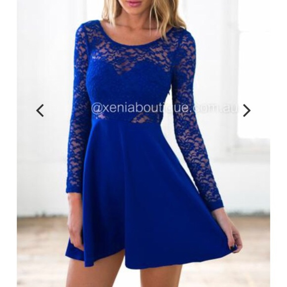 Formal long sleeve blue lace skater dress with bow - Picture 4 of 4